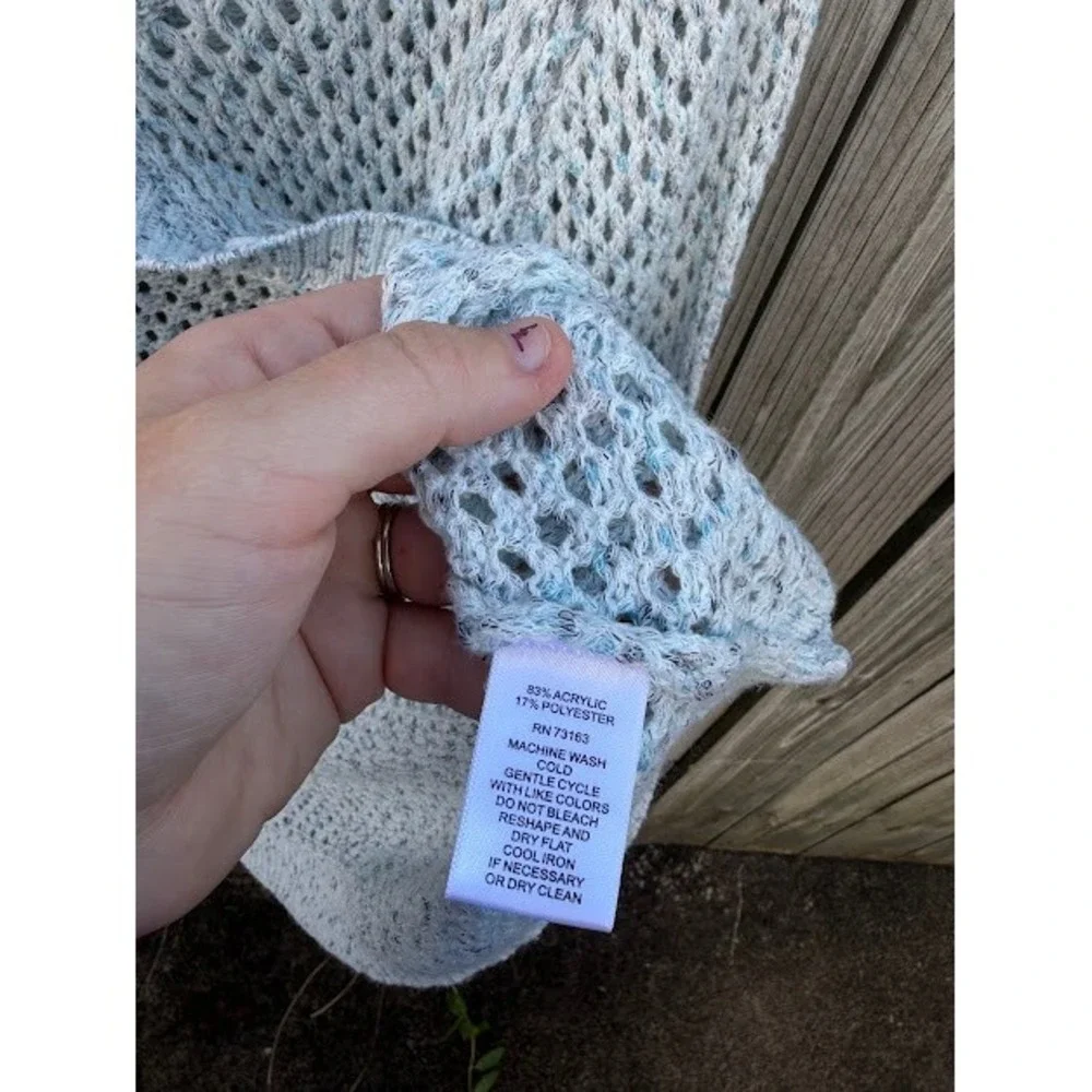 Boho Crochet Open Knit Cable & Gauge Cardigan XL Blue White Marled Mesh Sweater
